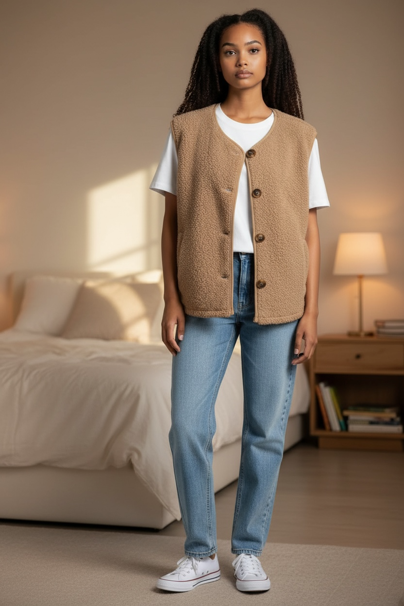 Gilet sans manches bouclé avec poches